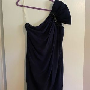 Navy blue mini one shoulder cocktail dress.